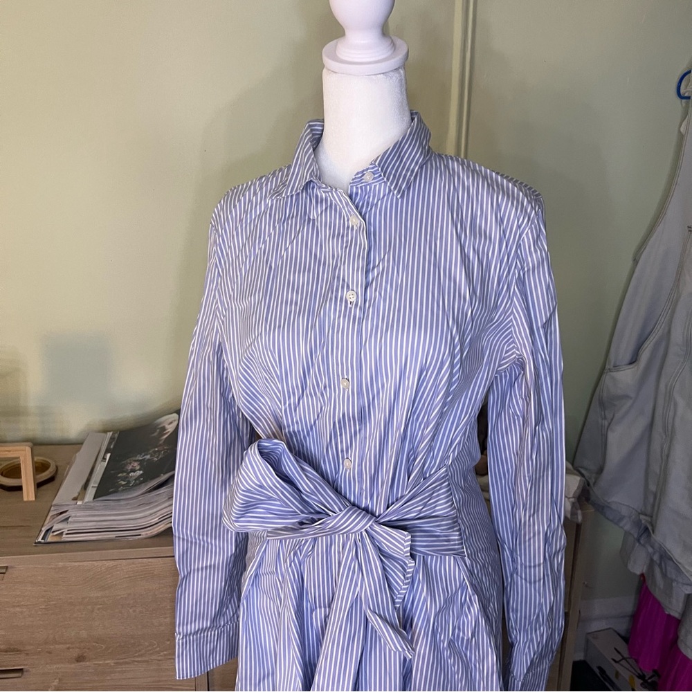 ANN TAYLOR Blue & White Seersucker Stripe Wrap Button Down Modest Midi Dress M - Picture 3 of 16